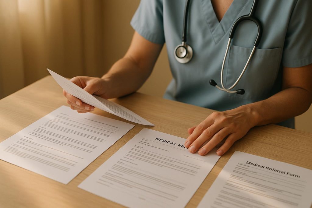 Close-up of medical forms reviewed for reliable ambulance services.