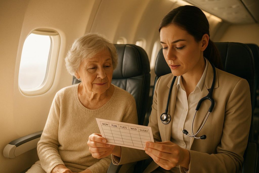 Medical escort reviewing a passenger’s medication during flight.