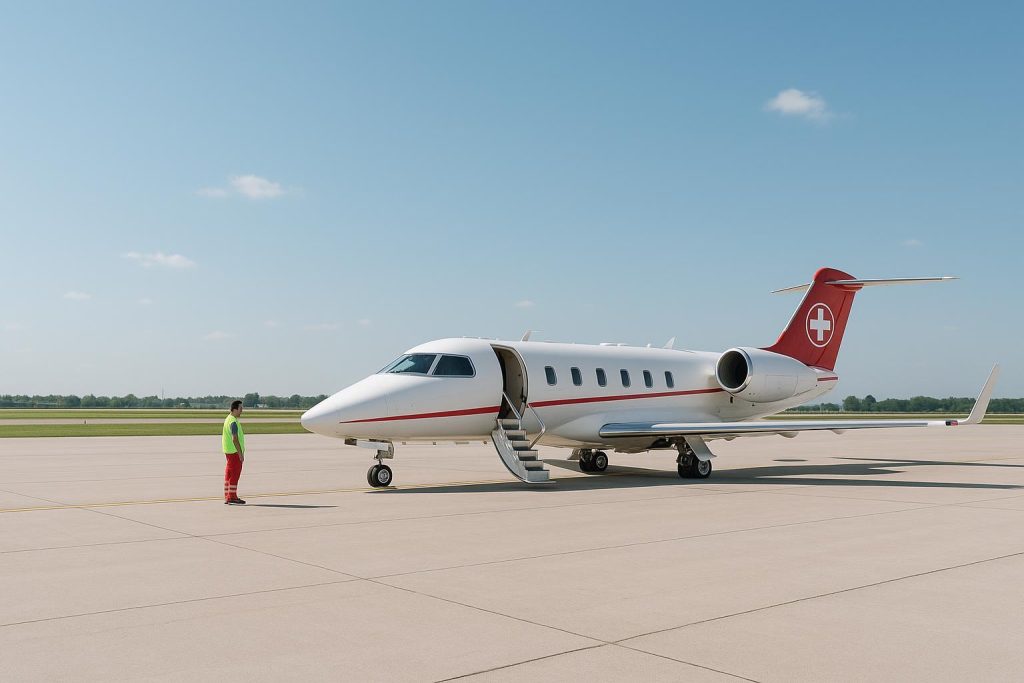 Air ambulance and crew on a sunny tarmac for a medical emergency.