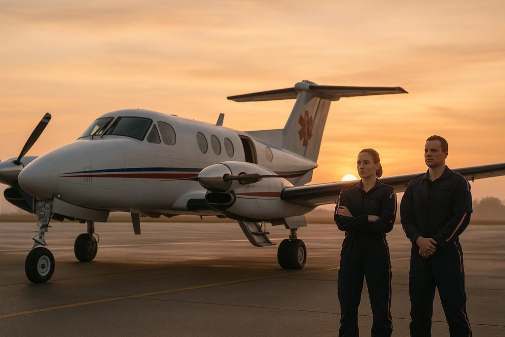 Medevac airplane and crew preparing for a medical emergency flight.
