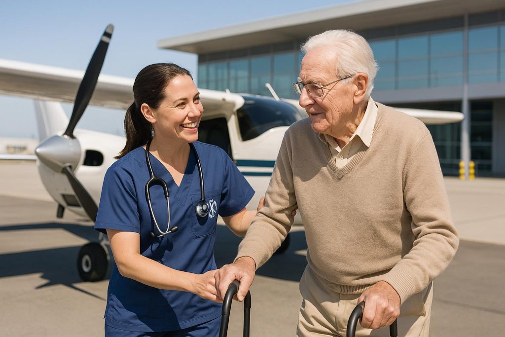 Nurse assisting elderly patient near a small plane for a medical emergency.