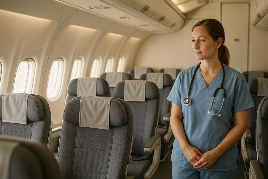 Medical professional in airplane cabin discussing patient readiness for air medical escort.
