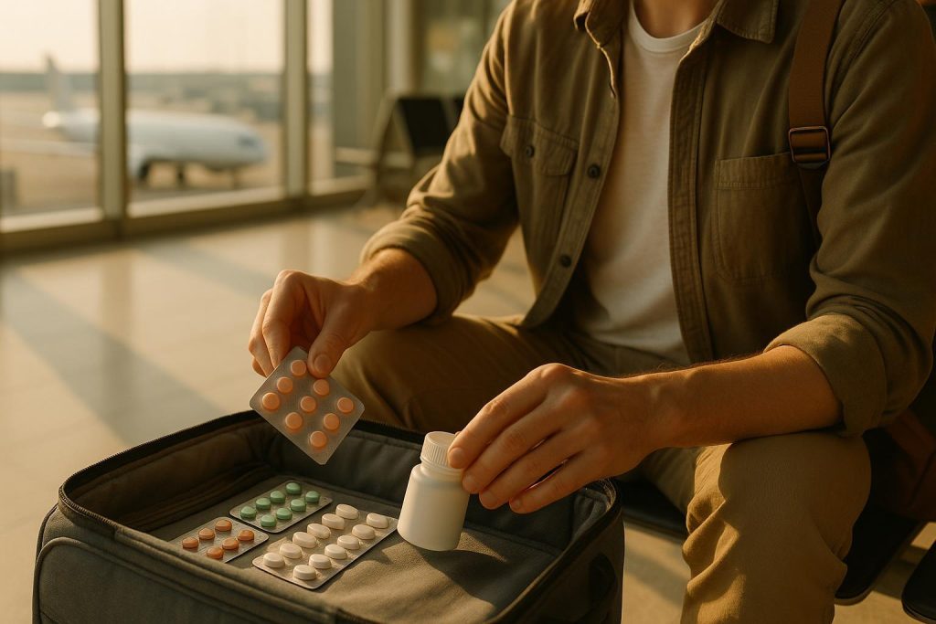 Traveler organizing medications at airport for a commercial flight.