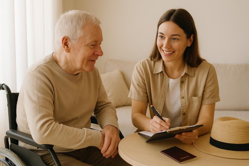 Travel companion aids an older adult in arranging accessible ground transportation.
