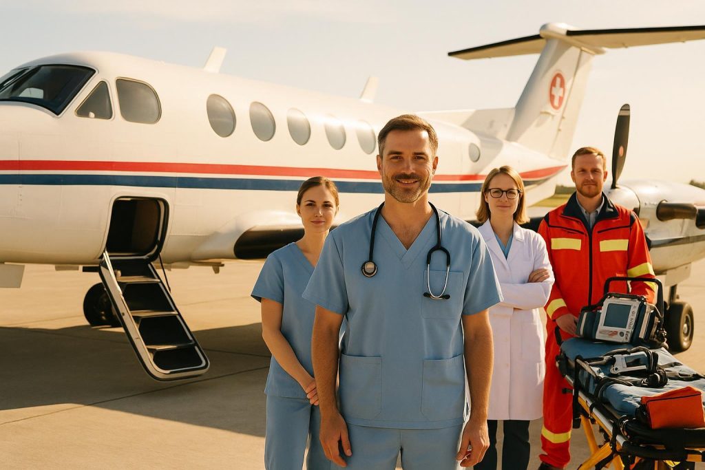 Medical team by a specialized aircraft, illustrating critical care mobility options.