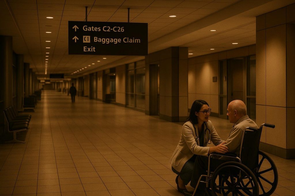 A calm airport scene with a discreet conversation representing privacy in international patient transport.