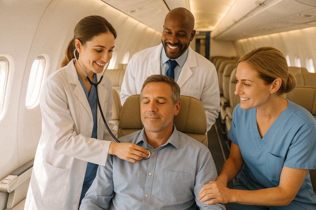 Medical staff attending to a patient on an airplane, highlighting safe healthcare flight services.