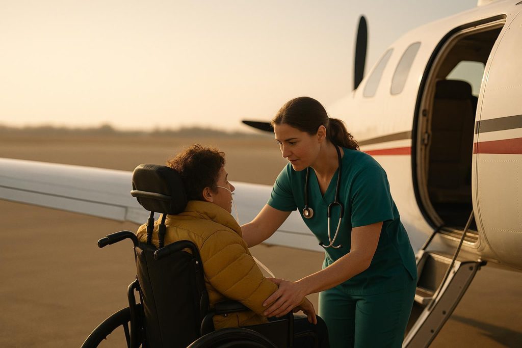 Paramedic assisting a patient with critical care mobility onto a plane