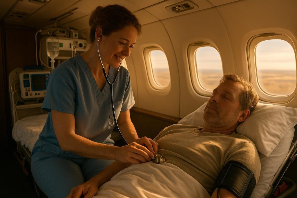 Nurse examining patient in flight, demonstrating critical care mobility.