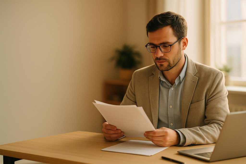 Professional assessing paperwork for international patient transport coverage in a warm office setting.