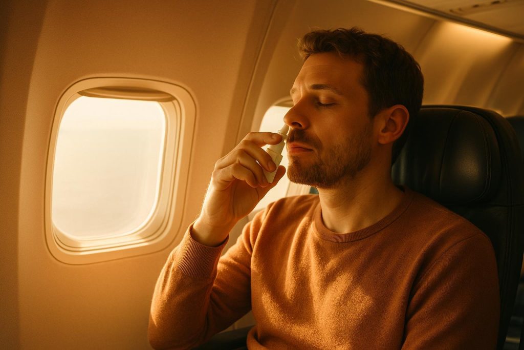 Passenger in flight using a nasal spray to protect your nose when flying.