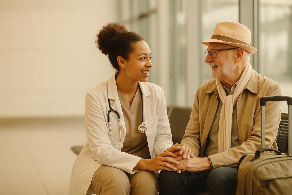 Airport scene with a medical escort assisting an older traveler.