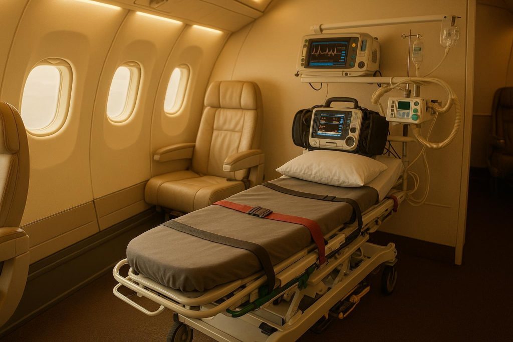 Close-up view of an airline stretcher set-up for advanced life support in a private aircraft cabin.