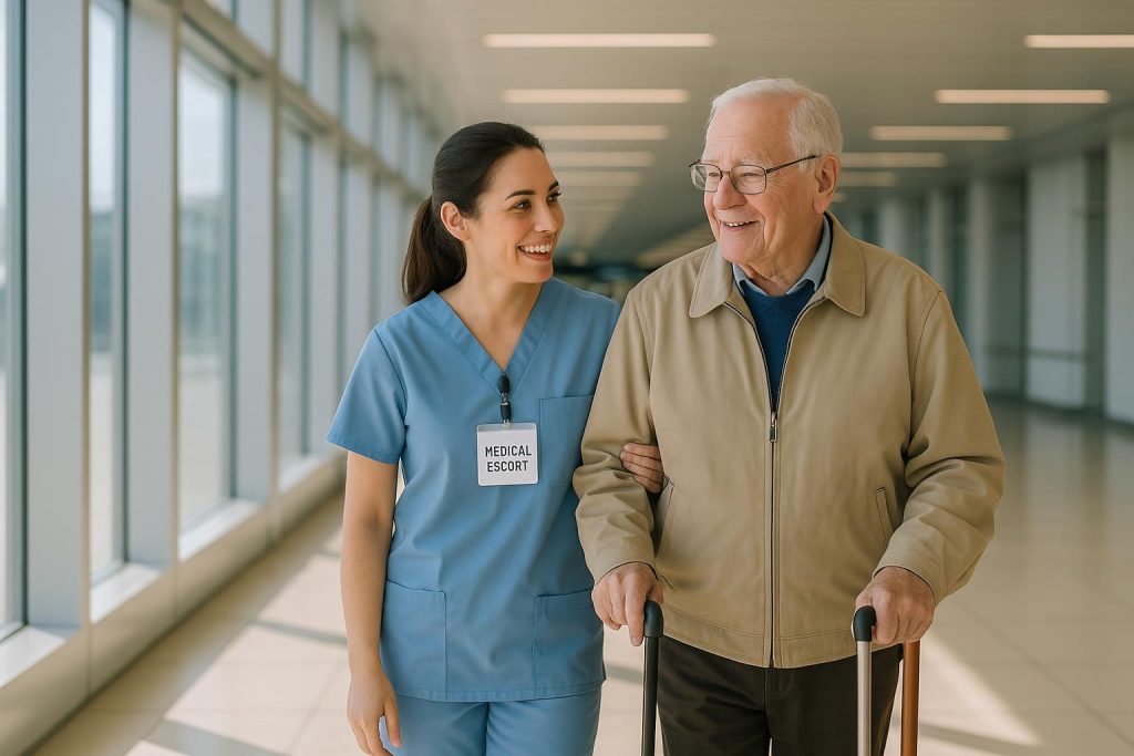 A travel companion helping an older patient at the airport for medical repatriation.